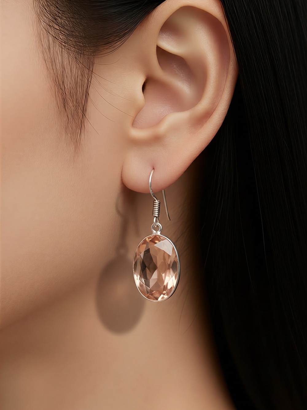 925 stamped Silver Drop Earrings Morganite Oval stones